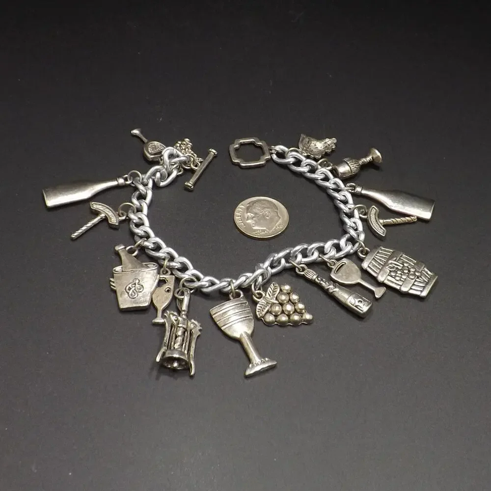 Vintage Wine Lovers Charm Bracelet, Sixteen Wine Related Charms